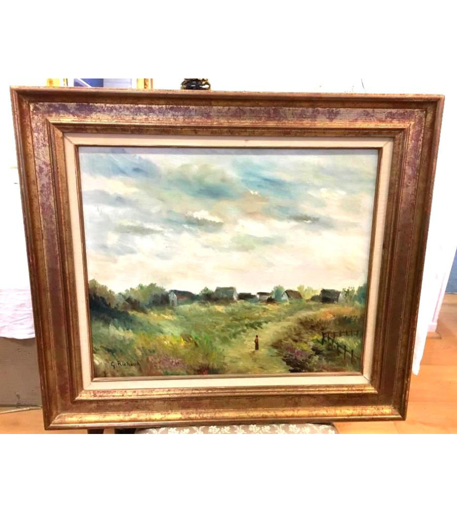 Huile sur toile: paysage de campagne animé