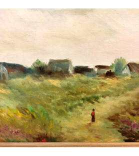 Huile sur toile: paysage de campagne animé